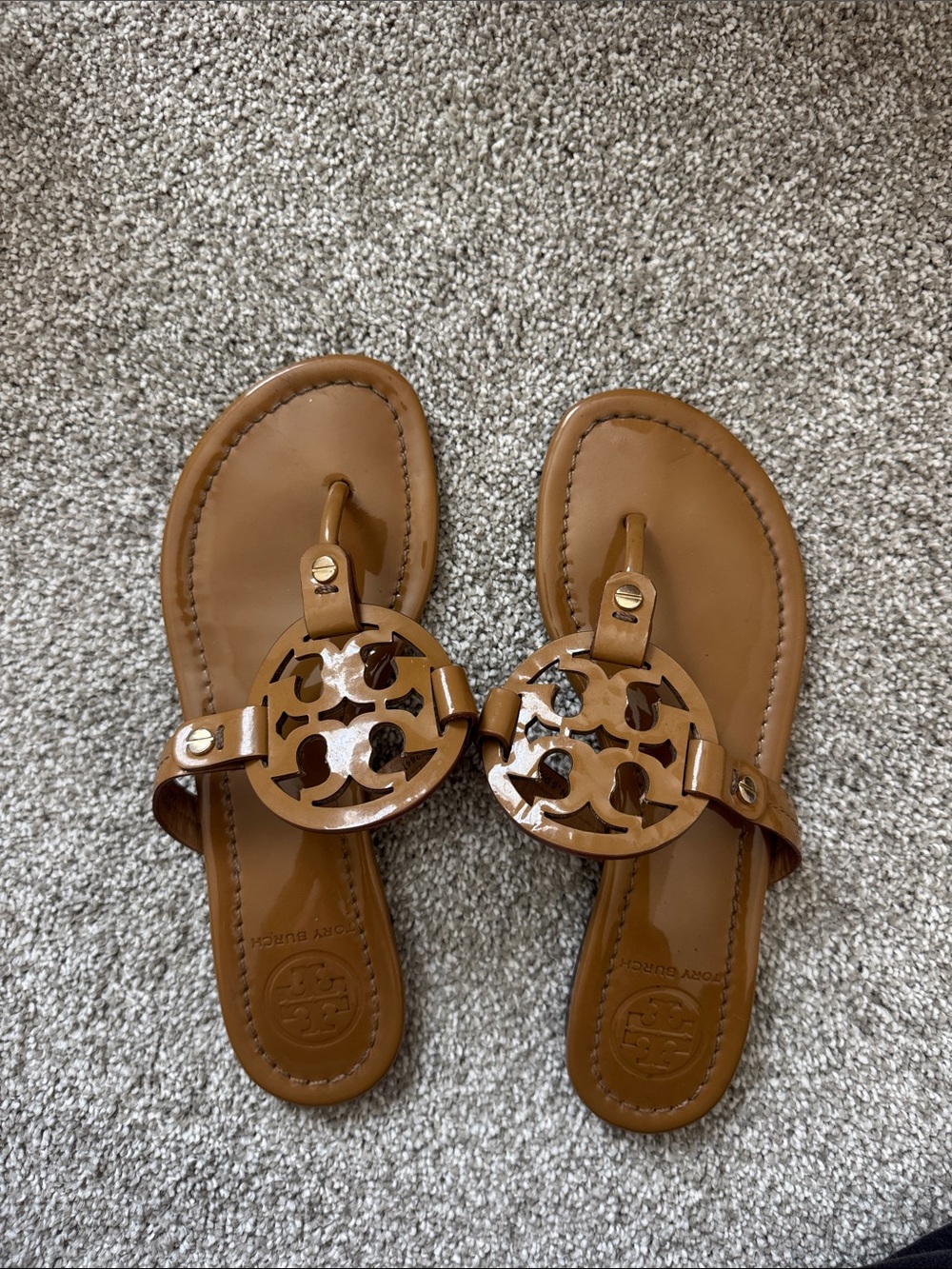 Tory Burch Brown Miller Patent Logo Thong Sandals